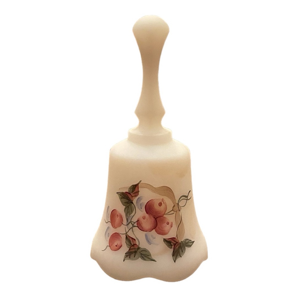 Vintage Fenton Custard Satin Glass Bell - Hand Painted Cherries Signed V. Gherke